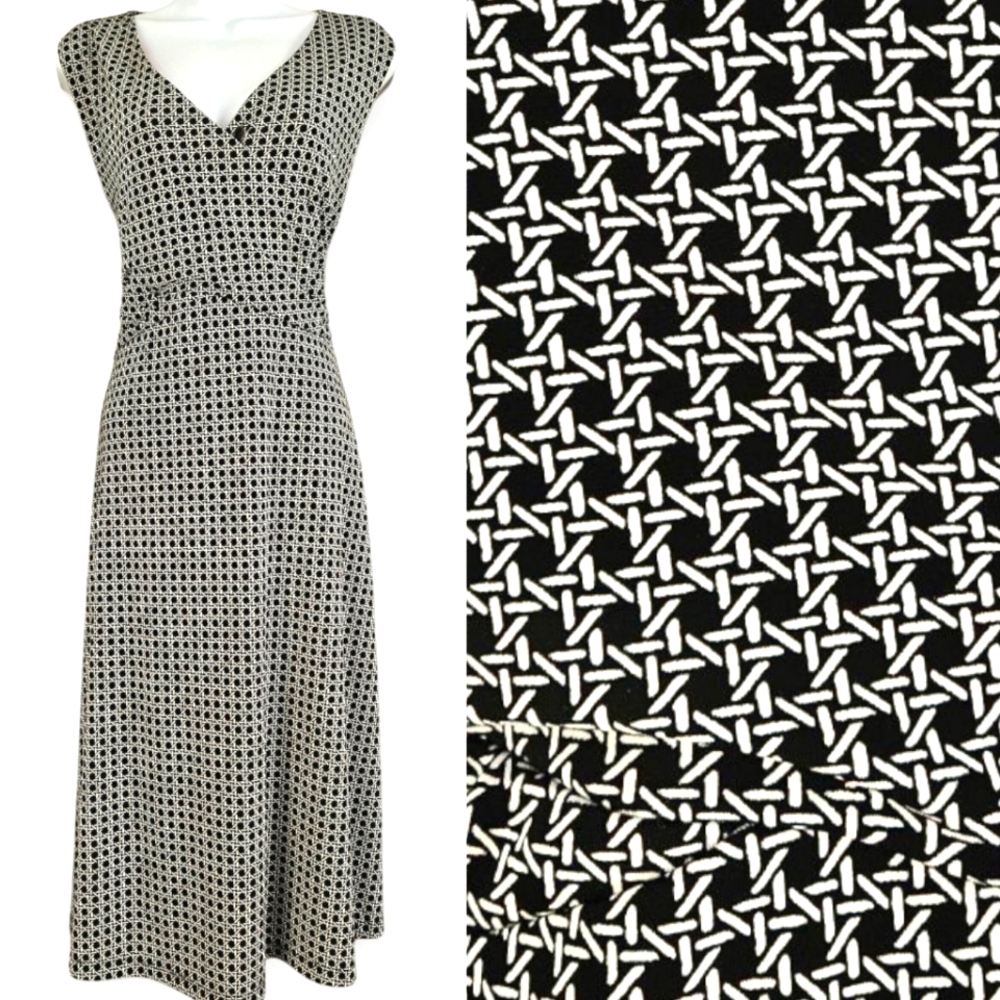 NWOT Lands End Black Whote Geometric Fit & Flare Faux Wrap Dress Womens Large